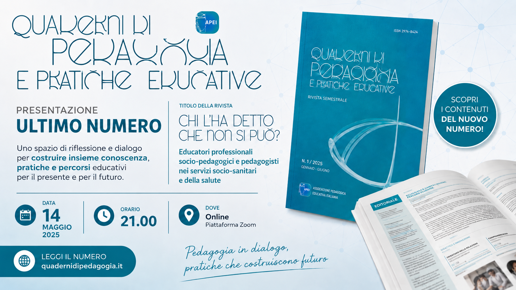 Locandina promozione evento di diffusione del secondo numero della rivista "Quaderni di pedagogia e pratiche educative"